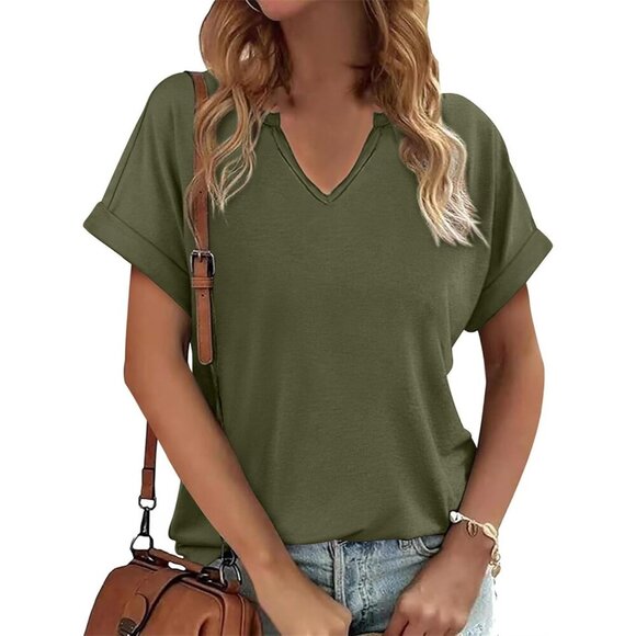 Tops - Womens Cotton Blend V Neck T Shirt Loose Fit Short Sleeve Casual Top